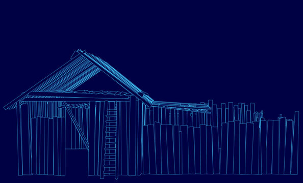 An old wooden barn blueprint with a detailed contour, fence, roof, and walls on a dark blue background.