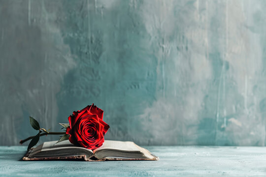 Red rose on open book, Sant Jordi and World Book Day background