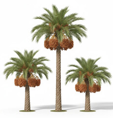 Collection of Three Tropical Date Palm Trees with Ripe Fruit Bunches Isolated on White