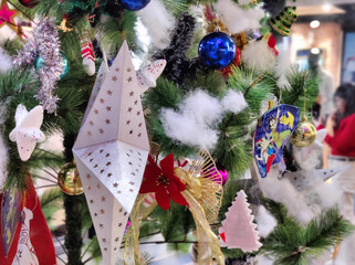 Jaipur, India 24 December 2025: Picture of Christmas tree decoration in shopping mall, Christmas tree with ornaments
