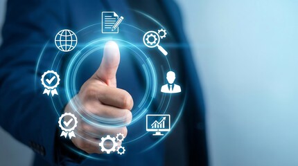 a business professional is interacting with a digital interface featuring icons representing data analysis global networking and successful project completion high quality detailed