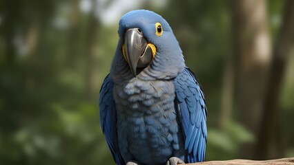 Obraz premium Vibrant blue parrot perched on wooden branch in lush forest