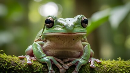 Close-up of a green frog sitting on a mossy log in a forest