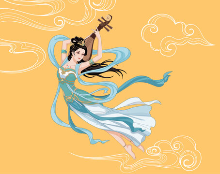 Standalone illustration of a Dunhuang celestial maiden in gorgeous attire adorned with jade and delicate jewelry, playing the pipa while her silk ribbons flutter gracefully