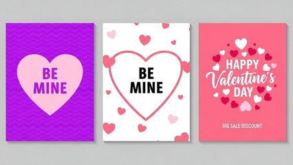 Collection of three Valentine's Day cards with bold messages 'Be Mine' and 'Happy Valentine's Day', featuring heart motifs and vibrant colors.
