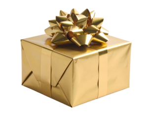 Shiny gold wrapped gift box with a large gold bow