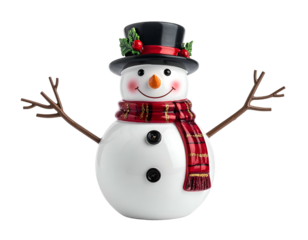 Cheerful snowman with top hat, scarf, and twig arms