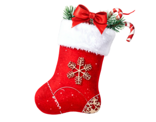 Festive red stocking with snowflake, candy cane, and pine boughs