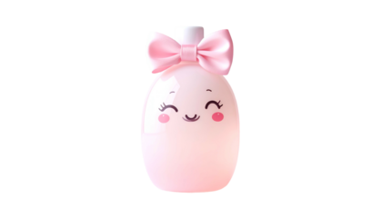 Pink, smiling, cartoon bottle with a bow on top, isolated against black