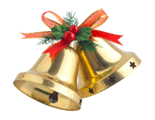 Shiny golden bells adorned with a festive red ribbon and holly
