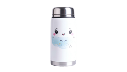 White insulated tumbler with a cartoon cloud design and a silver top and bottom