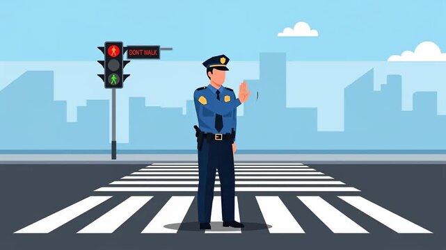 Police officer directing traffic at crosswalk with traffic light illustration