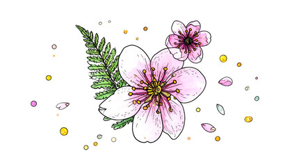 Watercolor illustration of pink flowers, greenery, and scattered sparkles against a black background