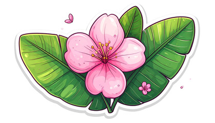 Vibrant digital illustration of a pink flower with a yellow stamen atop lush green leaves