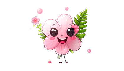 Adorable pink flower cartoon with large eyes, smile, fern and bubbles