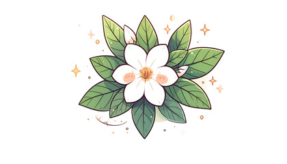A delicate cartoon flower with white petals, green leaves, and sparkling accents against black