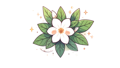 A delicate cartoon flower with white petals, green leaves, and sparkling accents against black
