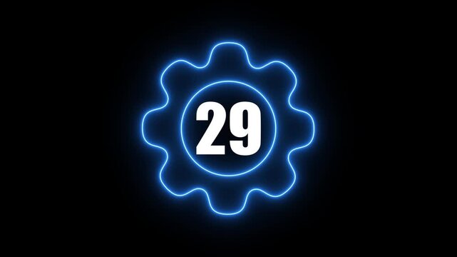 Glowing Blue Gear with Number 29 Neon Light Effect on Black Background Technology Concept gear blue neon
