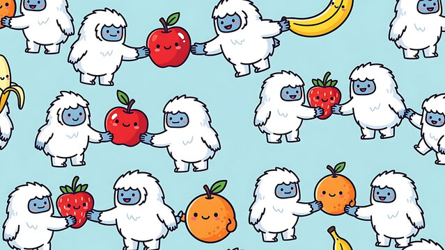 Cute yeti characters sharing various fresh fruits in pattern