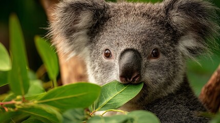 Close-up of a koala bear eating eucalyptus leaves in a lush green forest
