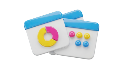 3D Icons: Pie Chart and Data Bubbles on White Background