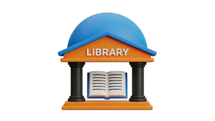 3D Illustration of a stylized library building with an open book