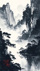 Serene Asian Style Mountain Landscape Painting.