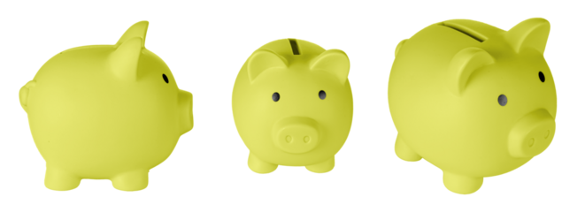 Set Piggy bank pig Yellow color on isolated white background close up