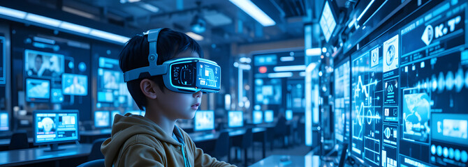 Child wearing advanced VR headset in a futuristic digital lab with multiple holographic screens and data dashboards, future of education and cyber security training.
