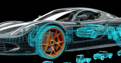 Transparent Car Blueprint with Internal Components Visible.