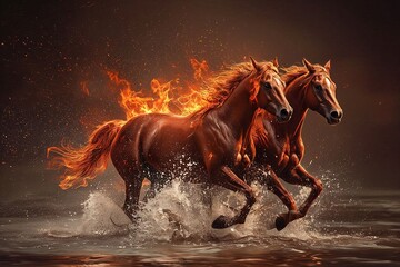 Fire Horse zodiac symbol illustrated as powerful horses with flames and water splashes. Decorative artwork for wall art, poster, print and interior design categories.