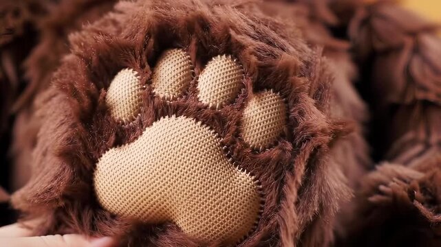 Close-up of a teddy bear's paw, soft fur and stitched paw pads, cozy and comforting