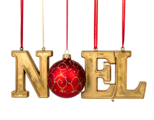 Golden letters spelling "NOEL" with a festive red ornament
