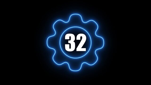 Glowing Blue Gear with Number 32 Neon Light Effect on Black Background Technology Concept gear blue neon