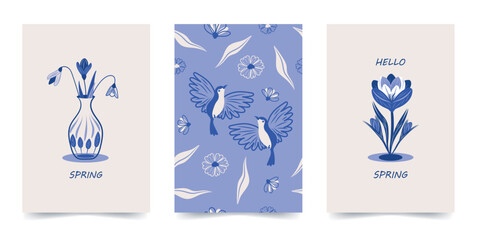 A collection of beautiful spring backgrounds and a seamless pattern with hand-drawn flowers and birds in blue ink. Vector design.
