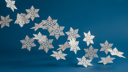 Delicate paper snowflakes floating against a deep textured blue background