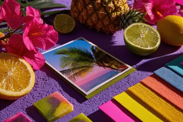 Vibrant lifestyle mood board with tropical images and neon colors