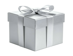 A sleek silver gift box tied with a satin ribbon and bow