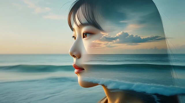 心を映す穏やかな顔と海のうねりが重なる癒しの情景