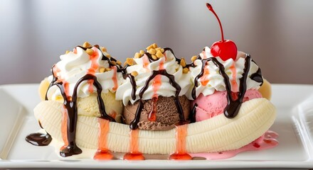 Decadent and classic banana split dessert featuring three scoops of ice cream topped generously with whipped cream chocolate syrup and a bright red maraschino cherry