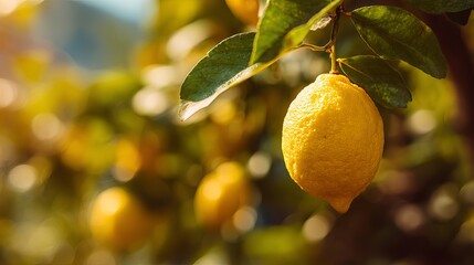 Vibrant lemon hanging on tree branch with lush green leaves and blurred background