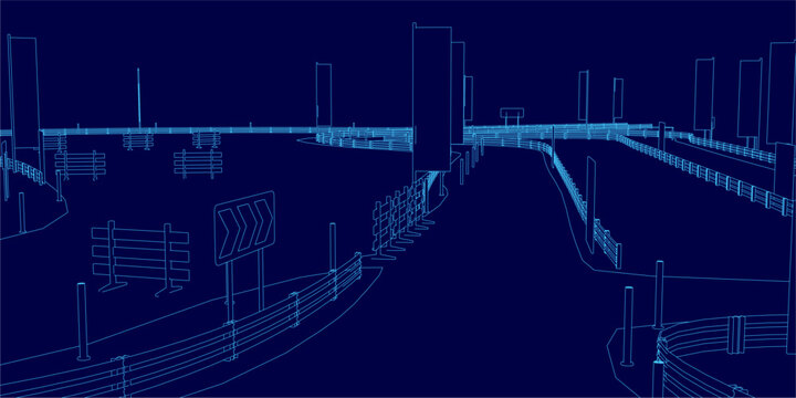 A blueprint of a city street and bridge creates a racing track contour for high-speed drift maneuvers. The detailed plan includes railings, poles, and boards against a deep blue background.