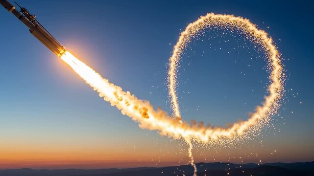 Rocket launch ascending into a bright sky leaving a sparking trail