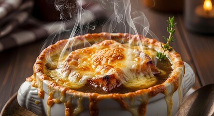 Deliciously bubbling french onion soup served piping hot in a traditional crock with a perfectly browned cheese crust and rising steam.