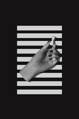 Collage with a female hand holding a chess pawn