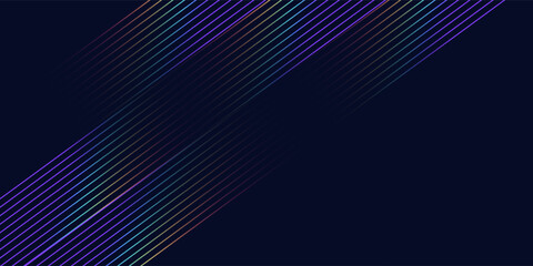 Abstract dark blue background with diagonal neon light lines in vibrant gradient colors, including purple, blue, green, and subtle pink tones © aam