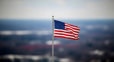 American flag waving on a pole with a blurred cityscape background
