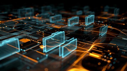 Digital Folders: A captivating digital display of luminous folders floating above a complex circuit board, a striking representation of data storage and information organization in the digital age. - Powered by Adobe
