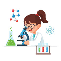 Young Girl Scientist Studying with Microscope, Beakers and Molecules