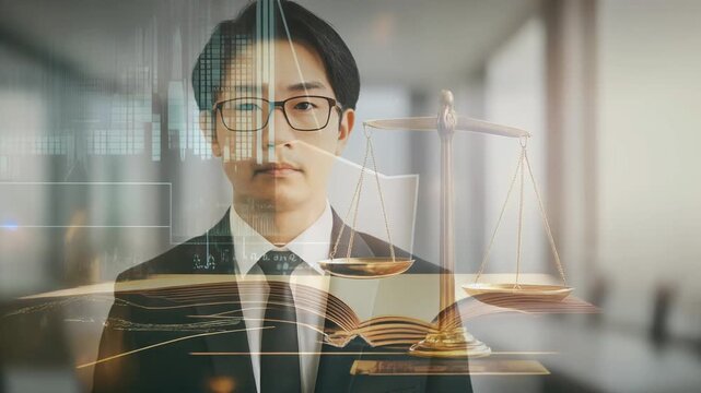 法と公正を象徴する二重露光が描く厳粛な司法イメージ